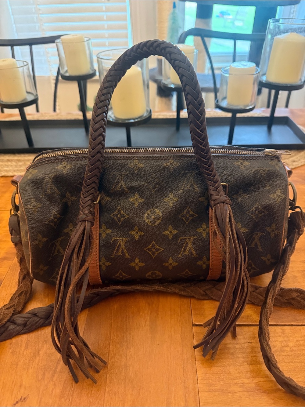 LV Brown Monogram Mini Barrel Bag with Braided Tassels from Vintage Boho Bags